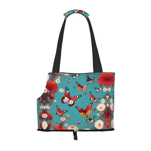 Transporttasche für Katzen, Hunde, Welpen, tragbar, faltbar, Motiv: Henne fliegende Schmetterlinge unter Blumen von Ogniwo