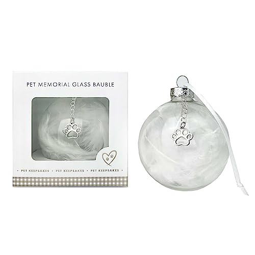 Gedenkkugel aus Glas mit Pfotenabdruck-Anhänger für Haustiere, mit Federn und Pfotenabdruck-Anhänger, weiße Federn und Pfotenanhänger aus Metall, 7 x 7 cm Gedenkkugel aus Glas mit Pfotenabdruck-Anhänger für Haustiere, mit Federn und Pfotenabdruck-Anhänger, weiße Federn und Pfotenanhänger aus Metall, 7 x 7 cm von Oh So Precious Pet Keepsakes