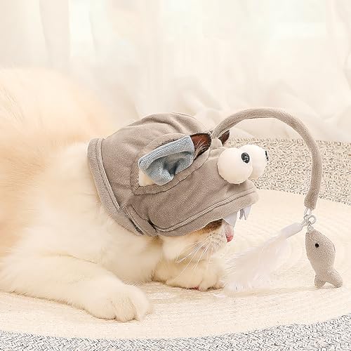 OhMill Niedlicher Lustiges tragbares Selbstbedienungs-Katzenspielzeug Hut Headwear Kostüm mit Feder Dangler für Haustier (Grau) von OhMill