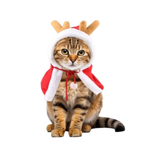 Weihnachtskostüm für Katzen und Hunde, Weihnachtsumhang für Haustiere, Umhang mit Kapuze, Rentierhörner, Weihnachtszubehör für Hunde und Katzen von OhMill
