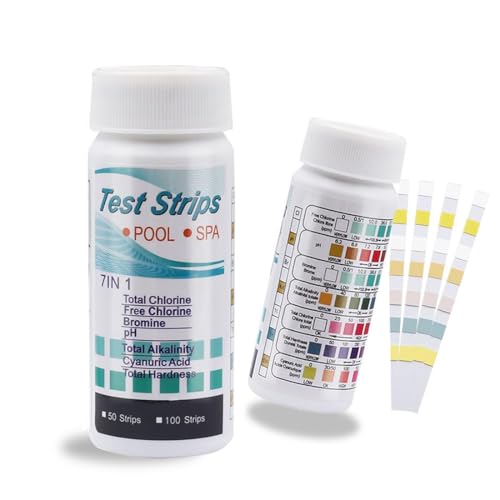 Ohh-nanjoo 7 in 1 Pool Teststreifen for Whirlpool Spa, 100 Stück Wassertest Set Genauer Chemischer Tester Pool Tester für Brom, Gesamtalkalität, pH-Wert, freies Chlor, Gesamthärte, Cyanursäure von Ohh-nanjoo