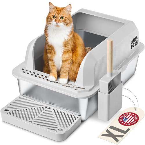 OHM Pets XL Katzentoilette, Edelstahl, 20 l, antihaftbeschichtet, rostfrei, auslaufsicher, hohe Seiten, Schaufel und Tablett, Hellgrau von Ohm Earth
