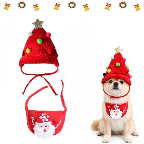 Adorable Christmas Tree pom-pom hat,weihnachtsmannmütze für Hunde,sofenthiss Adorable Christmas Tree pom-pom hat,Haustier-Weihnachtskostüm,Katzen Hunde Weihnachtsmann-Mütze,Schal-A||S von Ohphnt