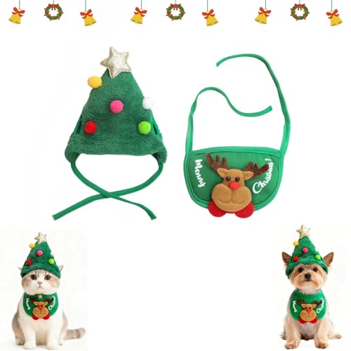 Adorable Christmas Tree pom-pom hat,weihnachtsmannmütze für Hunde,sofenthiss Adorable Christmas Tree pom-pom hat,Haustier-Weihnachtskostüm,Katzen Hunde Weihnachtsmann-Mütze,Schal-B||S von Ohphnt