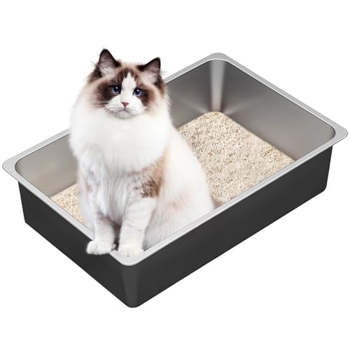 Ohtomber Katzentoilette aus Edelstahl, große Metall-Katzentoilette, hohe Seite, nimmt keinen Geruch an, leicht zu reinigen, antihaftbeschichtet, Toilette, Haustierbedarf für große und kleine Katzen von Ohtomber