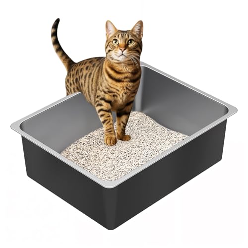 Ohtomber Katzentoilette aus Edelstahl, hohe Seiten, nimmt nie Geruch an, leicht zu reinigen, antihaftbeschichtet, Katzentoilette, Haustierbedarf für Kätzchen, Kätzchen, Kaninchen, Welpen von Ohtomber