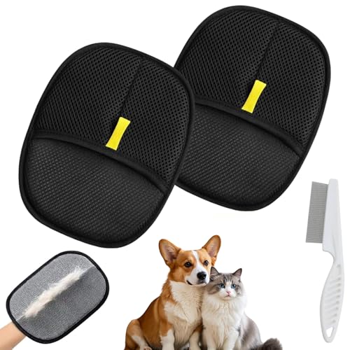 Oiieco Packung mit 2 Fellmagneten,Tierhaarentferner Handschuh,Entferner Katzenhandschuh,Haustierpflegehandschuhen,mit Flohkamm, Antistatische Handschuhe, Doppelseitig, zur Reinigung, Haarentfernung von Oiieco