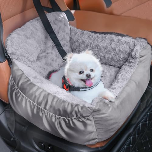 Oiilores Autositz für kleine Hunde – waschbarer Haustier-Sitzerhöhung mit Clip-Sicherheitsleine, bequemer Plüsch-Autositz mit Taschen, Welpenreisetrage für Hunde unter 11,3 kg, Hellgrau von Oiilores