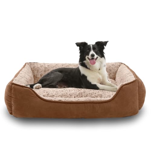 Oiilores Großes Hundebett, waschbares Hundesofa, beruhigendes Anti-Angst-Haustierbett mit rutschfester Unterseite, weiches Plüsch, rechteckig, große Hunde, 90 x 70 cm, Braun von Oiilores
