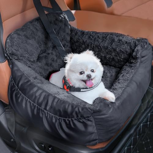 Oiilores Hunde-Autositz für kleine Hunde, waschbare Haustier-Sitzerhöhung mit Clip-On-Sicherheitsleine, bequemer Deluxe-Plüsch-Autositz mit Aufbewahrungstaschen, Welpen-Auto-Reisebett für Hunde unter von Oiilores