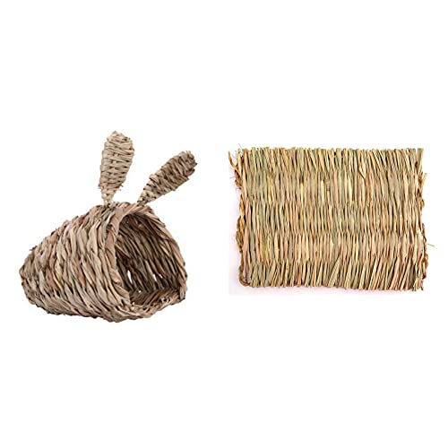 Oikabio Haustier-Nest aus gewebtem Stroh, für Kaninchen, Meerschweinchen, Käfig, Spielzeugbett mit 10 gewebten Bettmatten für Kaninchen-Bettwäsche von Oikabio