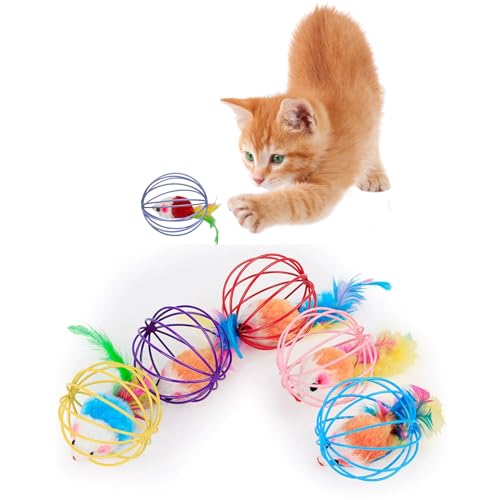 Oiuyamn Interaktives Spielzeug für Katzen, Metallkäfig mit buntem Plüsch-Maus-Spielzeug, Kätzchen-Zahnspielzeug, Katzenkauspielzeug, Indoor-Übungsspielzeug, 1 Stück, zufällige Farbe von Oiuyamn