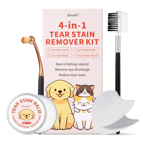 Tränenfleckentferner Kit für Hund & Katze mit Tränenfleckenbalsam, Tränenfleckenkamm, Pro Puderbürste, Augenpads, Sanfte Augenpflege - Reiniger zur Entfernung von Tränenflecken, Augenschmutz, Ausfluss Tränenfleckentferner Kit für Hund & Katze mit Tränenfleckenbalsam, Tränenfleckenkamm, Pro Puderbürste, Augenpads, Sanfte Augenpflege - Reiniger zur Entfernung von Tränenflecken, Augenschmutz, Ausfluss von Oivolii