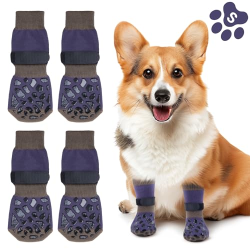 Oiyeefo Anti-Rutsch Hundesocken, 2 Paar Verletzungen Pfotenschutz Innenräume Hundeschuhe mit Verstellbarem Klettverschluss und Doppelseitige Silikongel für Kleine Mittlere und Große Hunde (Größe S) von Oiyeefo