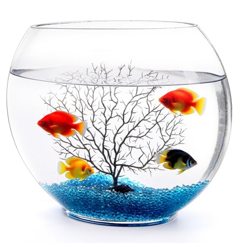 Okllen Mini-Glas-Fischschale, oblates, kleines Aquarium mit blauem Aquarium-Dekorsand und Kunststoff-Korallenzweig, Baumschmuck für Betta-Fisch-Aquarium, 3,5 l von Okllen