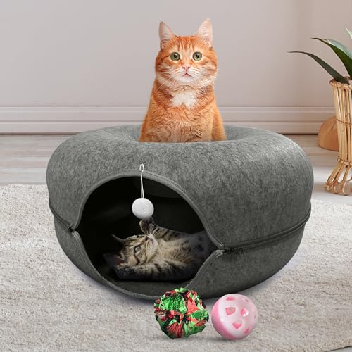 Okoco Katzentunnelbett für Indoor-Katzen – 61 cm große Katzenhöhle, große Katzenbett-Höhle für Haustiere bis zu 13,6 kg, Spieltunnel Spielzeug für Haustiere mit hängendem Ballspielzeug, 2-in-1 rundes von Okoco