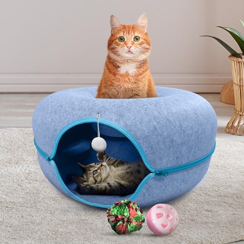 Okoco Katzentunnelbett für Indoor-Katzen - Gemütliche Katzenhöhle mit abnehmbaren maschinenwaschbaren Teilen, große Katzenbetthöhle, Spieltunnel Spielzeug für Haustiere mit hängendem Ballspielzeug, von Okoco