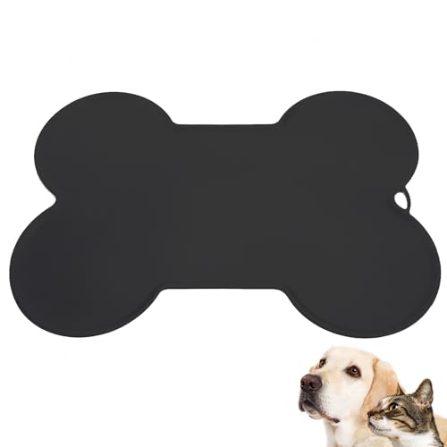Silikonmatte Napfunterlage Hund 52x37 cm, Katzen Hunde rutschfest Futtermatte für Napfunterlage Katzen Hundenapf Unterlage Futter- und Wassernäpfe, Knochenförmiger Auslaufsicherer Rand, Schwarz von Oksoar