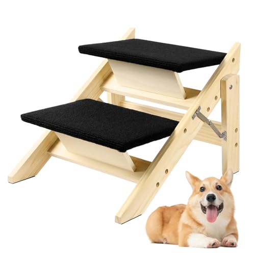 Faltbare Hundetreppe Rampe mit 2 Stufen - Haltbare Haustiertreppe aus Holz für kleine, mittelgroße und große Hunde - Schwarz (keine Montage erforderlich) von Okydoky