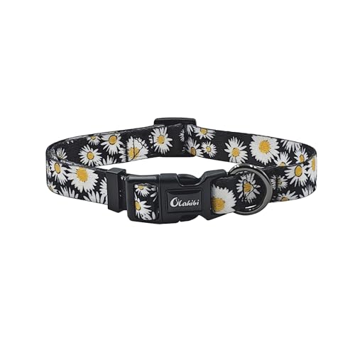 Olahibi Basic Hundehalsband, Gänseblümchen-Blumenmuster, weiches und strapazierfähiges Polyester-Material, verstellbare Länge, für mittelgroße Hunde (Größe M, schwarzes Gänseblümchen) von Olahibi