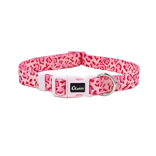 Olahibi Basic Hundehalsband, Leopardenmuster, weiches und strapazierfähiges Polyester-Material, verstellbare Länge, für kleine Hunde (klein, rosa Leopard) von Olahibi