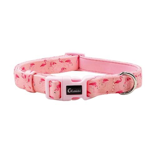Olahibi Basic Hundehalsband, Polyester-Gurtband, gepolstert mit weichem Neopren, Flamingo-Muster, für kleine Hunde (S, rosa Flamingo) von Olahibi