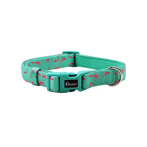 Olahibi Basic Hundehalsband, Polyester-Gurtband, gepolstert mit weichem Neopren, Flamingo-Muster, für mittelgroße Hunde (Größe M, grüner Flamingo) von Olahibi