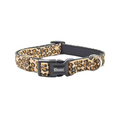 Olahibi Basic Hundehalsband, Polyester-Gurtband, gepolstert mit weichem Neopren, Leopardenmuster, für kleine Hunde (S, Brauner Leopard) von Olahibi