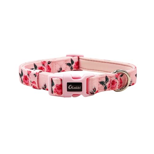 Olahibi Basic Hundehalsband, Polyester-Gurtband, gepolstert mit weichem Neopren, Rosenmuster, für mittelgroße Hunde (M, Rosa Rose) von Olahibi