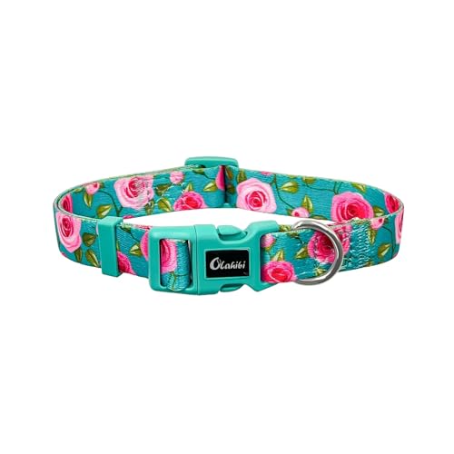 Olahibi Basic Hundehalsband, weiches und strapazierfähiges Polyester-Material, verstellbare Länge, für kleine Hunde (Größe S, Grüne Rose) von Olahibi