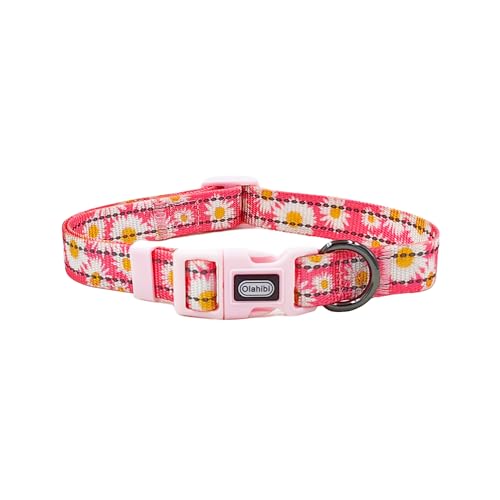 Olahibi Basic Hundehalsband, weiches und strapazierfähiges Polyester-Material, verstellbare Länge, für kleine Hunde (Größe S, rosa Gänseblümchen) von Olahibi