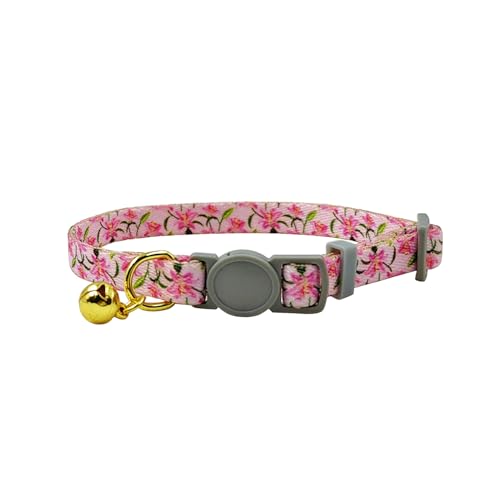 Olahibi Breakaway-Katzenhalsband, Blumenmuster, sichere Schnalle, transparente Glocke, Polyester-Material, für ausgewachsene Katzen (rosa Lilie) von Olahibi