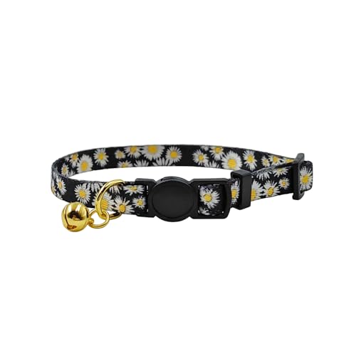 Olahibi Breakaway-Katzenhalsband, Blumenmuster, sichere Schnalle, transparente Glocke, Polyester-Material, für ausgewachsene Katzen (schwarzes Gänseblümchen) von Olahibi