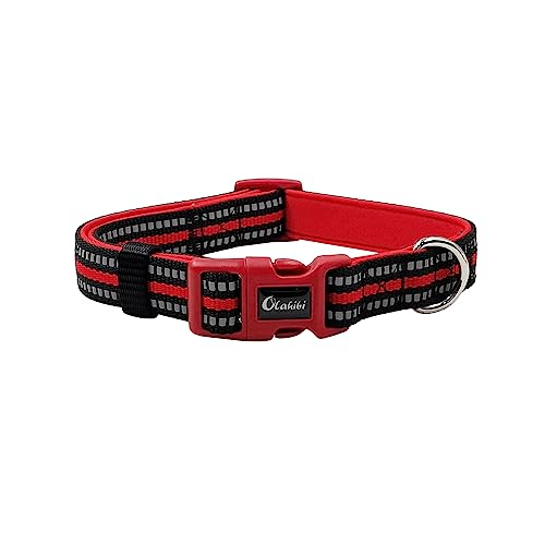 Olahibi Gepolstertes Hundehalsband, Neopren, strapazierfähiges Nylon-Material, reflektierende Streifen, weich und bequem für mittelgroße Hunde (Größe M, rotes Halsband) von Olahibi