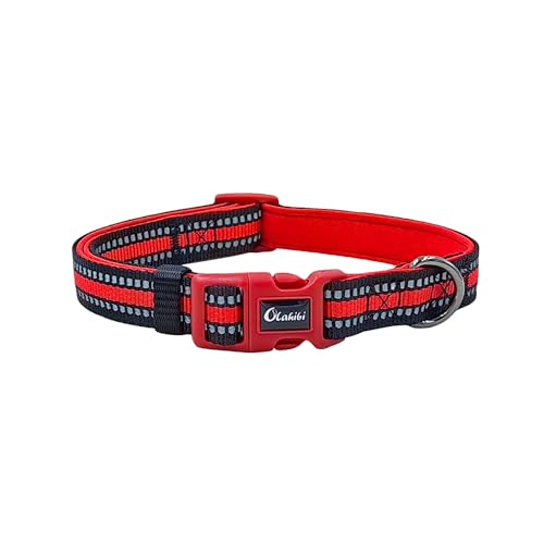 Olahibi Gepolstertes Neopren-Hundehalsband, strapazierfähiges Nylon-Material, reflektierende Streifen, weich und bequem für kleine Hunde (S, rotes Halsband) von Olahibi