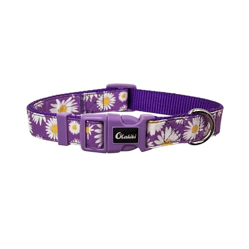 Olahibi Hundehalsband, violettes Gänseblümchen-Blumenmuster, Nylon-Gurtband plus Baumwollband, 2 Schichten, für mittelgroße Hunde (Größe M, lila Gänseblümchen) von Olahibi