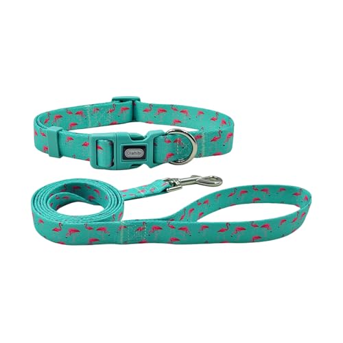Olahibi Hundehalsband-Leinen-Kombi-Set, Flamingo-Muster, Polyester-Gurtband, Halsband und 150 cm passende Leine, für mittelgroße Hunde (Größe M, grüner Flamingo) von Olahibi