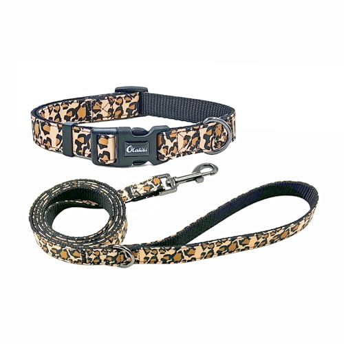 Olahibi Hundehalsband-Leinen-Set, Leopardenmuster, Nylongewebe plus Baumwollband, 1,5 m passende Leine, für große Hunde (L, Brauner Leopard) von Olahibi