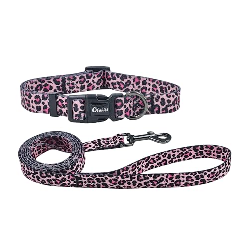 Olahibi Hundehalsband-Leinen-Set, Leopardenmuster, Polyester-Material, verstellbares Halsband und 1,5 m passende Leine, für große Hunde (Größe L, bunter Leopardenmuster) von Olahibi