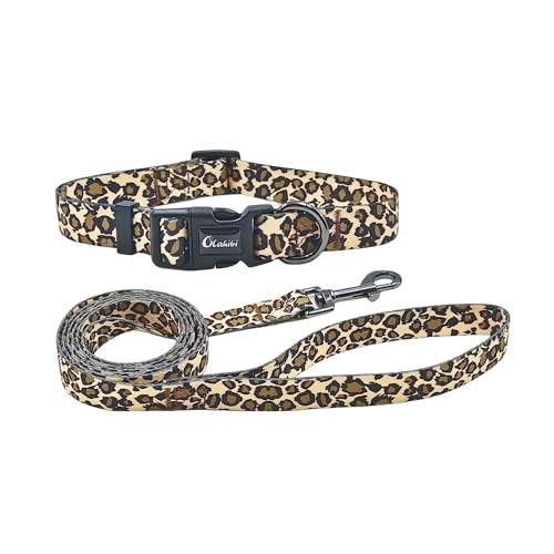 Olahibi Hundehalsband-Leinen-Set, Leopardenmuster, Polyester-Material, verstellbares Halsband und passende 1,5 m lange Leine, für Welpen (XS, Brauner Leopard) von Olahibi
