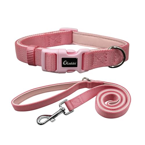 Olahibi Hundehalsband-Leinen-Set, strapazierfähiges Nylon-Gurtband mit weicher Neopren-Polsterung, große Hunde (L, Hellrosa) von Olahibi
