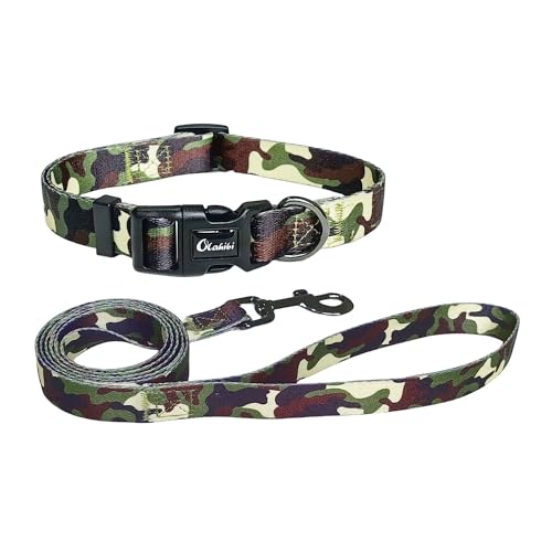 Olahibi Basic Hundehalsband und Leine, grünes Camouflage-Muster, Polyester-Gurtband, Halsband und 150 cm passende Leine für mittelgroße Hunde (Größe M, Camouflage-Set) von Olahibi