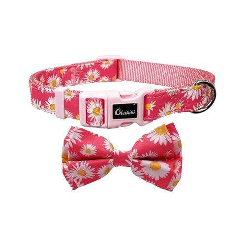 Olahibi Hundehalsband mit Fliege, Gänseblümchen-Muster, Nylon-Gurtband und Baumwollband, für kleine Hunde (Größe S, Rosa Gänseblümchen) von Olahibi