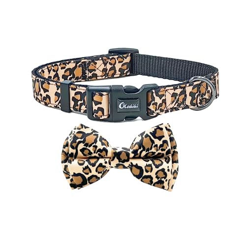 Olahibi Hundehalsband mit Fliege, Leopardenmuster, Nylon-Gurtband und Baumwollband, für kleine Hunde (Größe S, Brauner Leopard) von Olahibi