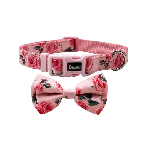 Olahibi Hundehalsband mit Fliege, Rosenmuster, Nylon-Gurtband und Baumwollband, für mittelgroße Hunde (Größe M, Rosa Rosa) von Olahibi