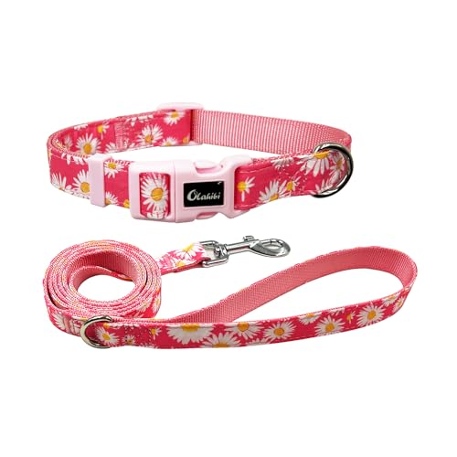 Olahibi Hundehalsband und Leine, Set mit rosa Gänseblümchen-Muster, Nylon-Gurtband und Baumwollband, 150 cm Leine, für mittelgroße Hunde, Größe M, Rosa Gänseblümchen) von Olahibi