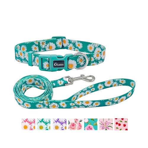 Olahibi Hundehalsband und Leine, mit Gänseblümchen-Muster, strapazierfähiges Polyester-Halsband und 150 cm, passende Leine für mittelgroße Hunde. (M, grüne Gänseblümchen) von Olahibi