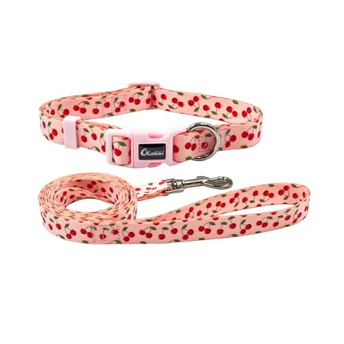 Olahibi Hundehalsband und Leine, niedliches Kirschmuster, Polyester-Material, 1,52 m Leine, für Welpen, Größe XS, Pink Cherry) von Olahibi