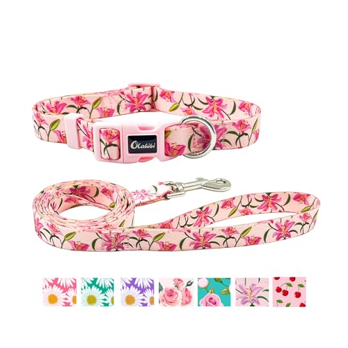 Olahibi Hundehalsband und Leine, niedliches Lilienmuster, Polyester-Material, 1,5 m lange Leine, für große Hunde (L, rosa Lilie) von Olahibi