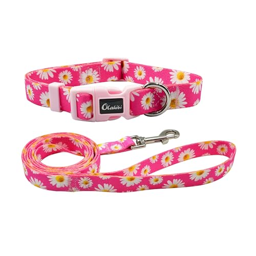 Olahibi Hundehalsband und Leine mit Gänseblümchenmuster, strapazierfähiges Polyester-Halsband und passende 150 cm lange Leine für kleine Hunde (Größe S, Hot Pink Daisy) von Olahibi